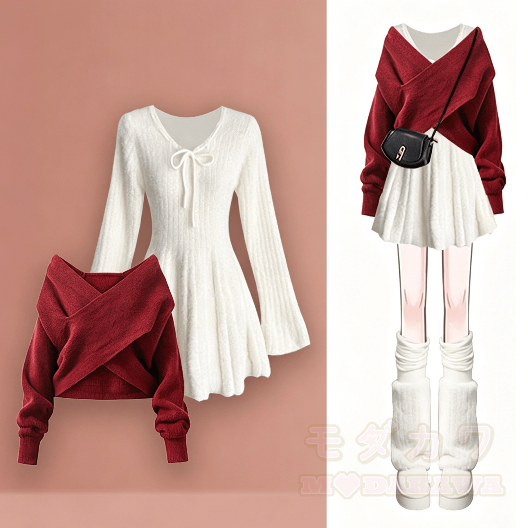 Zweiteiliges Set aus süßem, lässigem Pullover und Kleid mit passendem Kleid - Rotes Set - 4XL - image 2