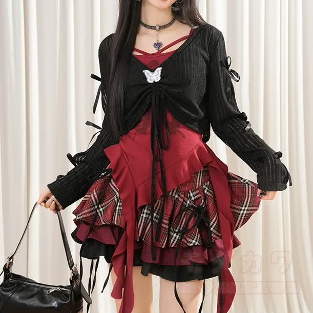 Gothic-Top und Neckholder-Camisole mit Minirock – dreiteiliges Set - Rotes Set - XL - image 5