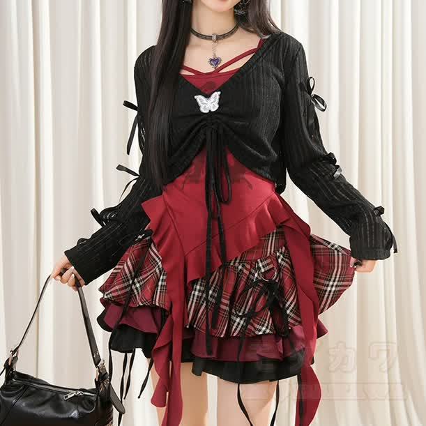 Gothic-Top und Neckholder-Camisole mit Minirock – dreiteiliges Set - Rotes Set - XL - image 5