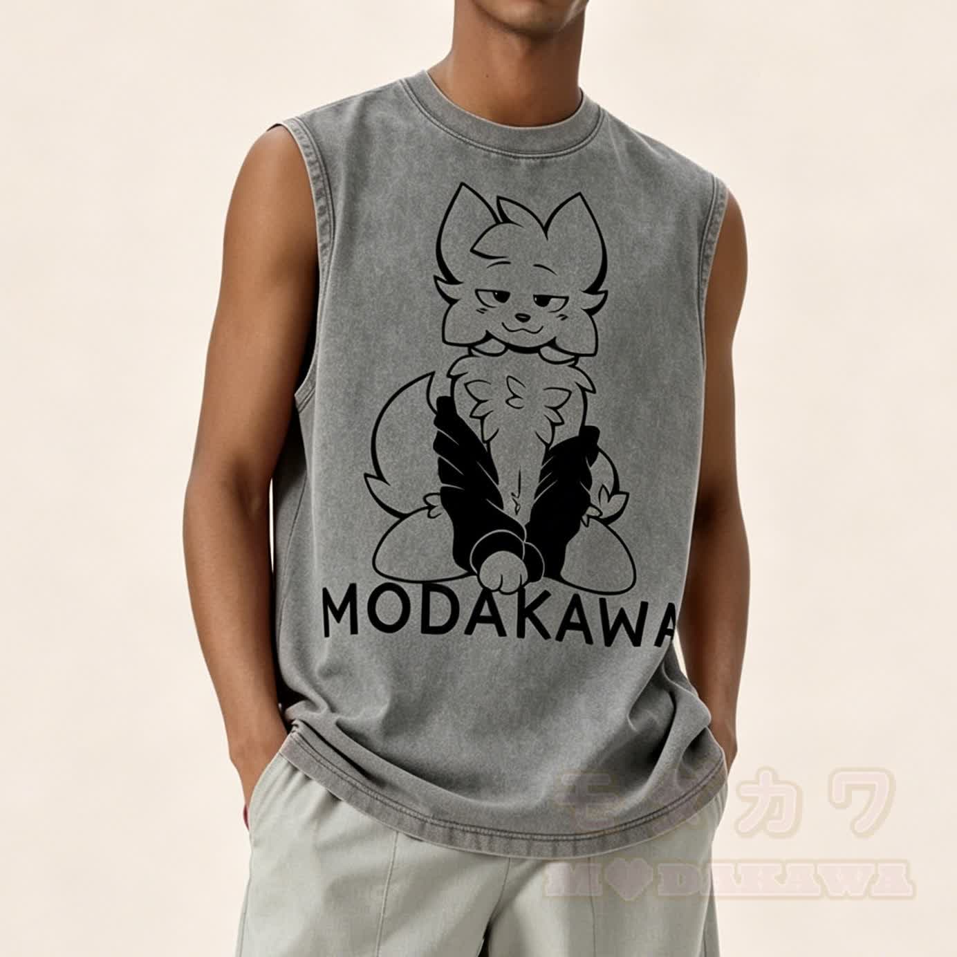 MODAKAWA X zarckets Anime Fox Graphic Unisex Vintage Washed Sleeveless T-shirt - image 1