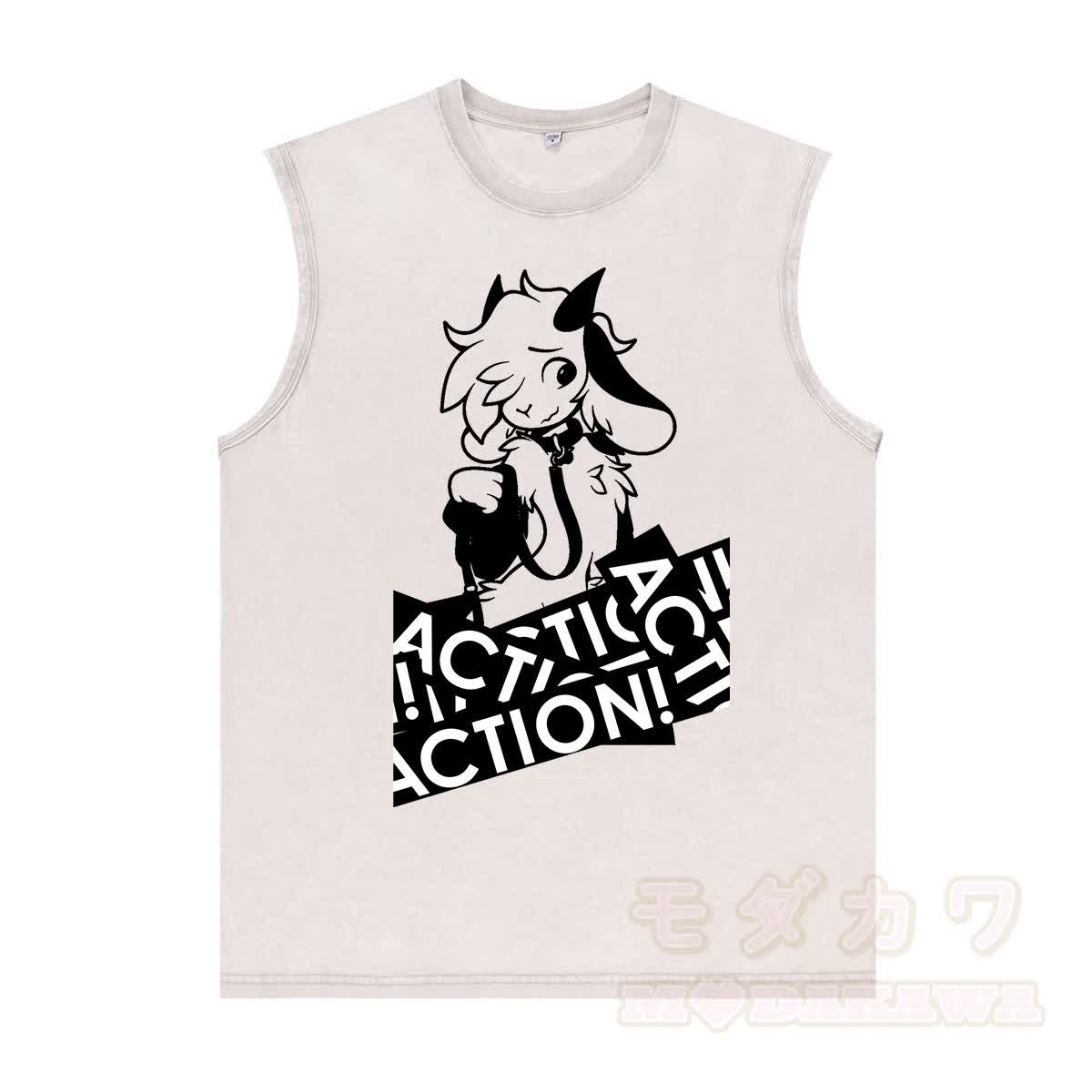 MODAKAWA X zarckets Anime Goat Graphic Unisex Vintage Washed Sleeveless T-shirt - Aprikose - 2XL - image 3