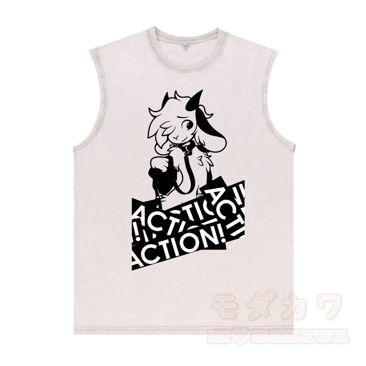 MODAKAWA X zarckets Anime Goat Graphic Unisex Vintage Washed Sleeveless T-shirt - Aprikose - 2XL - image 3