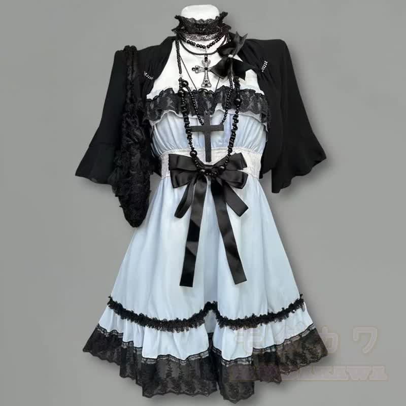 Gothic-Kleid aus schwarzem Spitzenkleid mit blauer Schleife, zweiteilig - Satz - XL - image 1
