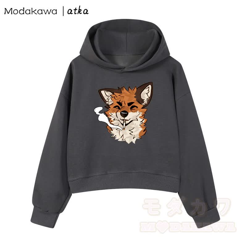 MODAKAWA X atka Cool Fox Graphic Cropped Cotton Hoodie - Dunkelgrau - 3XL - image 1