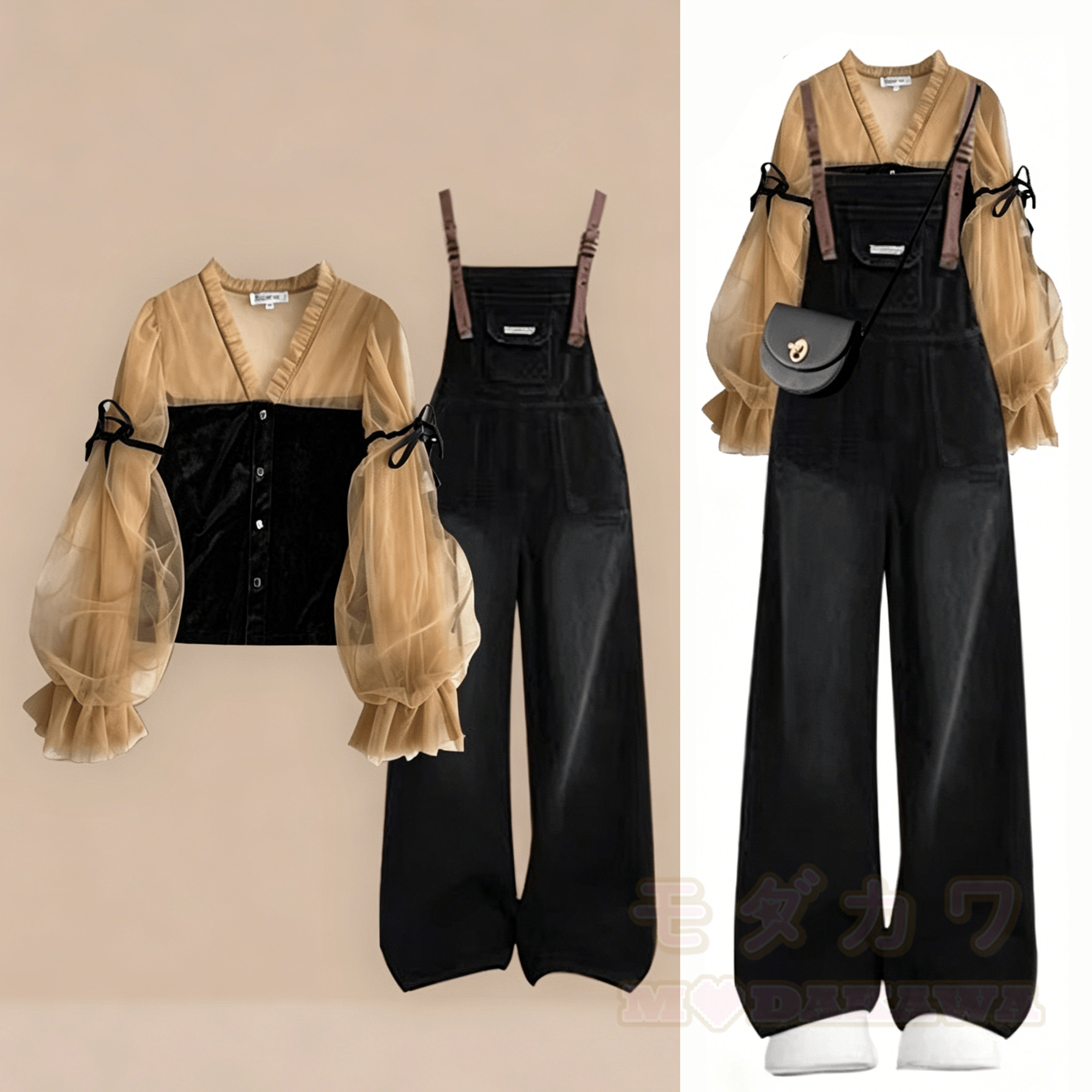 Zweiteiliges Set: Oberteil mit V-Ausschnitt und Latzhose aus Vintage-Jeans - Satz - 4XL - image 1