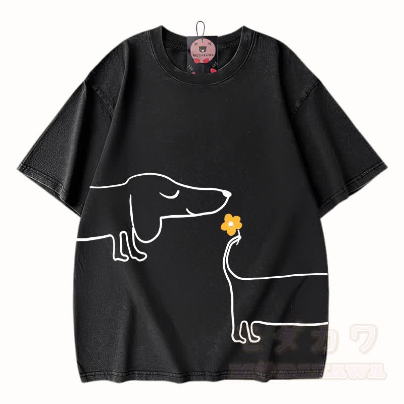 MODAKAWA Welpen-Grafik Vintage-gewaschenes T-Shirt aus 100 % Baumwolle - Schwarz - 3XL - image 1