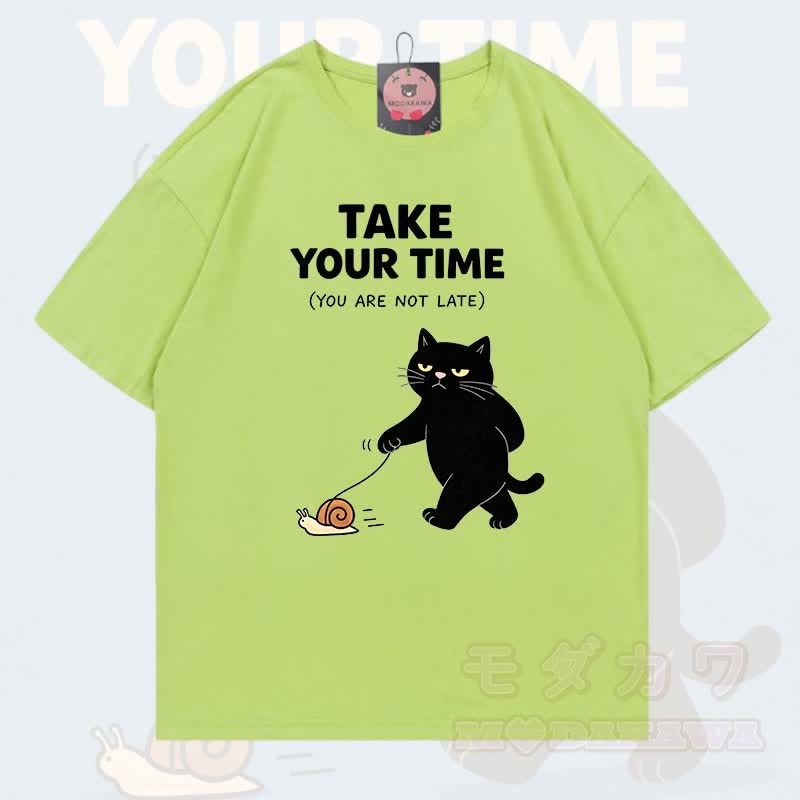 MODAKAWA TAKE YOUR TIME Katzenmotiv T-Shirt aus 100 % Baumwolle - Avocadogrün - 5XL - image 7