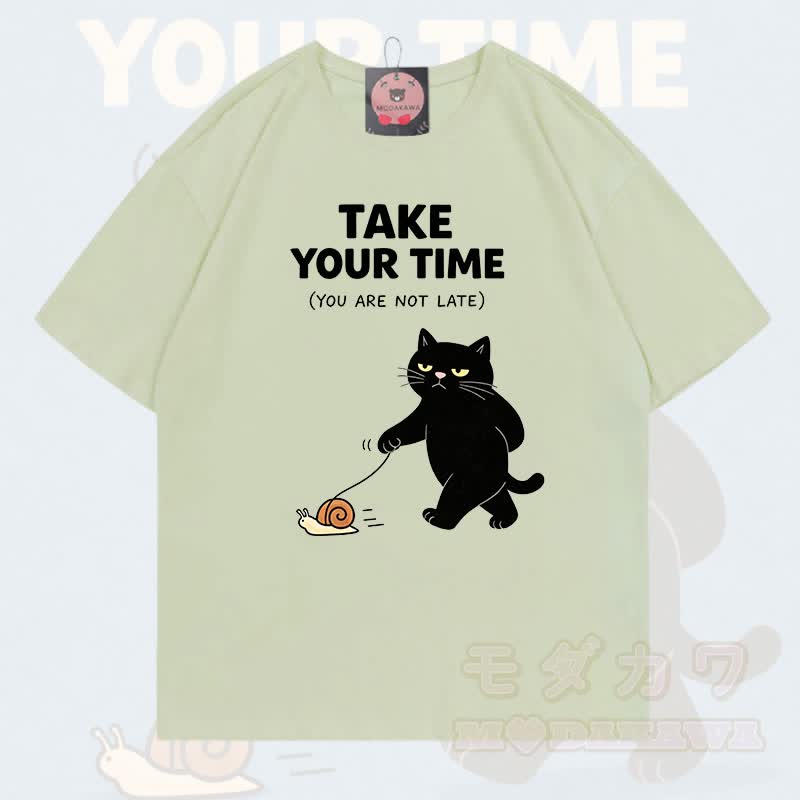 MODAKAWA TAKE YOUR TIME Katzenmotiv T-Shirt aus 100 % Baumwolle - Milchgrün - 5XL - image 5