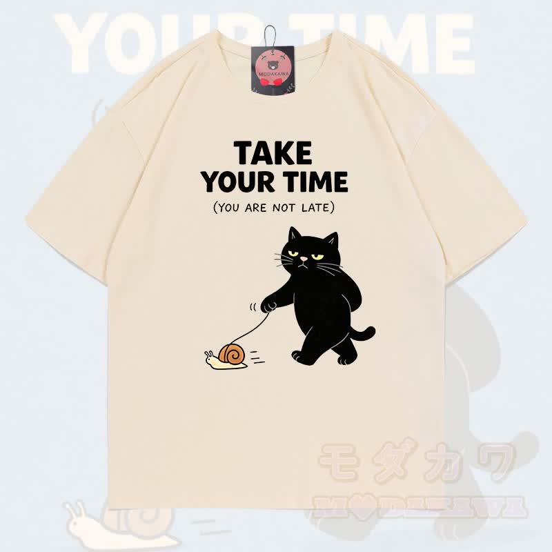 MODAKAWA TAKE YOUR TIME Katzenmotiv T-Shirt aus 100 % Baumwolle - Aprikose - 5XL - image 1