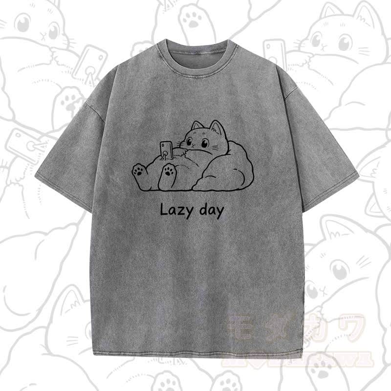 MODAKAWA LAZY DAY Kurzarm-T-Shirt mit niedlichem Katzenprint - Grau A - 5XL - image 2
