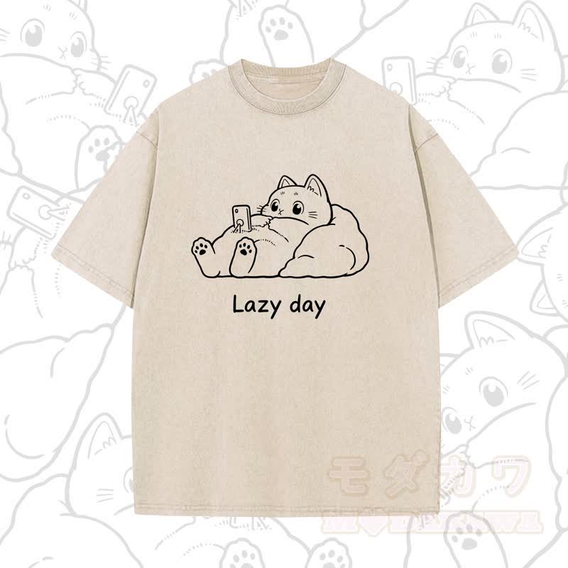 MODAKAWA LAZY DAY Kurzarm-T-Shirt mit niedlichem Katzenprint - Aprikose - 5XL - image 1