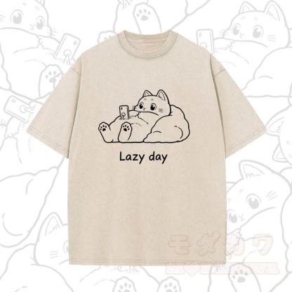 MODAKAWA LAZY DAY Kurzarm-T-Shirt mit niedlichem Katzenprint - Aprikose - 5XL - image 1