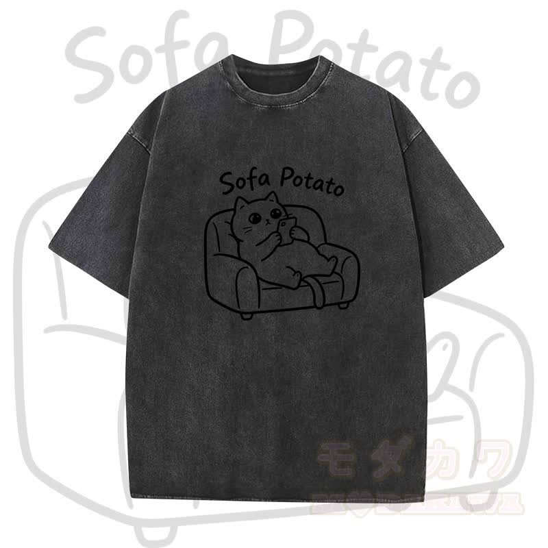MODAKAWA SOFA POTATO Katzenmotiv Vintage Washed T-Shirt - Schwarz - 5XL - image 3
