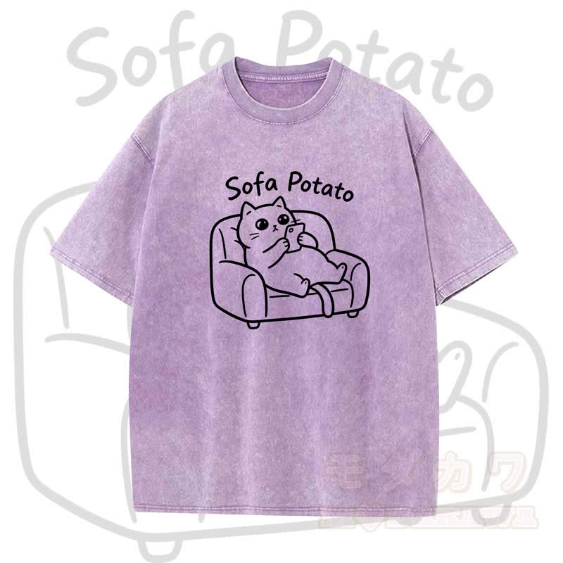 MODAKAWA SOFA POTATO Katzenmotiv Vintage Washed T-Shirt - Lila - 5XL - image 2