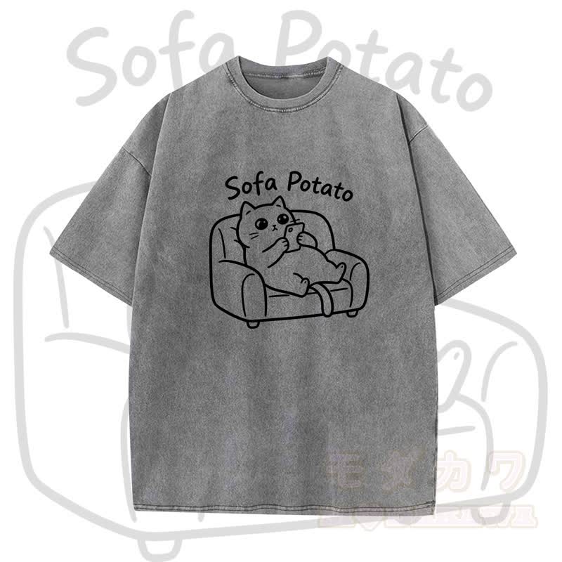 MODAKAWA SOFA POTATO Katzenmotiv Vintage Washed T-Shirt - Grau - 5XL - image 4