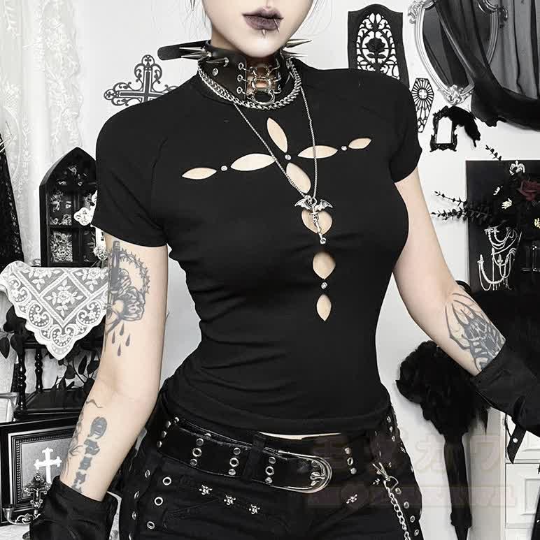 Punk-Gothic-T-Shirt mit Cut-Outs - Spitze - L - image 1