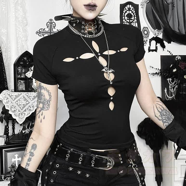Punk-Gothic-T-Shirt mit Cut-Outs - Spitze - L - image 1