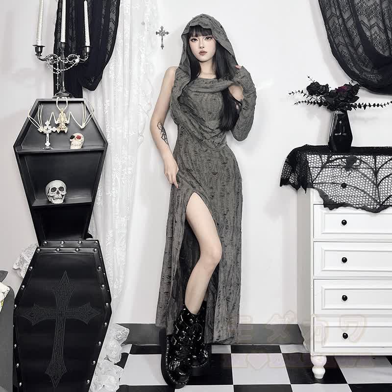 Vintage Gothic ärmelloses Maxikleid mit Kapuze und Schlitz - image 2