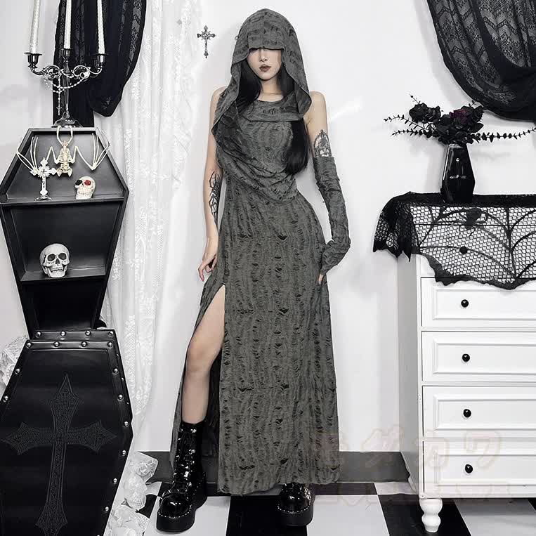 Vintage Gothic ärmelloses Maxikleid mit Kapuze und Schlitz - image 1