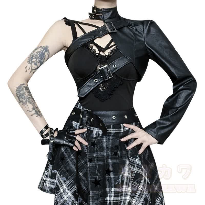 Vintage Punk Crop-Top aus Kunstleder mit passendem Karorock, zweiteiliges Set - image 3