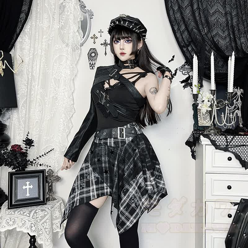 Vintage Punk Crop-Top aus Kunstleder mit passendem Karorock, zweiteiliges Set - image 2