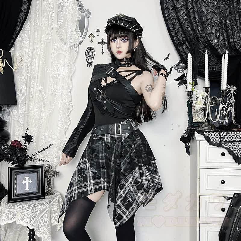 Vintage Punk Crop-Top aus Kunstleder mit passendem Karorock, zweiteiliges Set - image 2