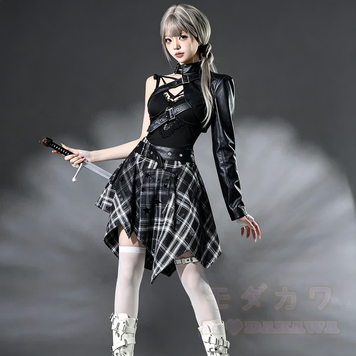 Vintage Punk Crop-Top aus Kunstleder mit passendem Karorock, zweiteiliges Set - Satz - L - image 1