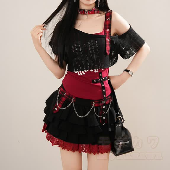 Dreiteiliges Set im Y2K Stil: Top, Camisole und Minirock - Roter Rock - XL - image 2