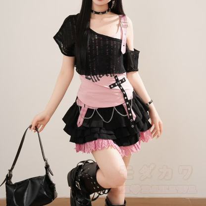 Dreiteiliges Set im Y2K Stil: Top, Camisole und Minirock - Rosa Rock - XL - image 5