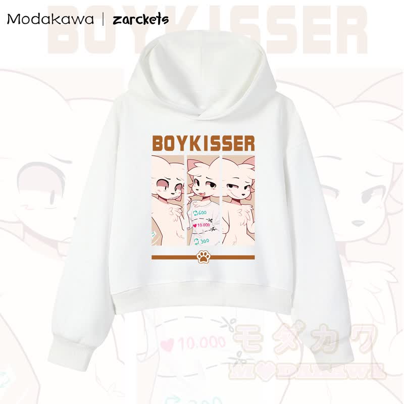 MODAKAWA X zarckets BOYKISSER Cropped Cotton Hoodie mit Katzenmotiv - Weiß - 3XL - image 2