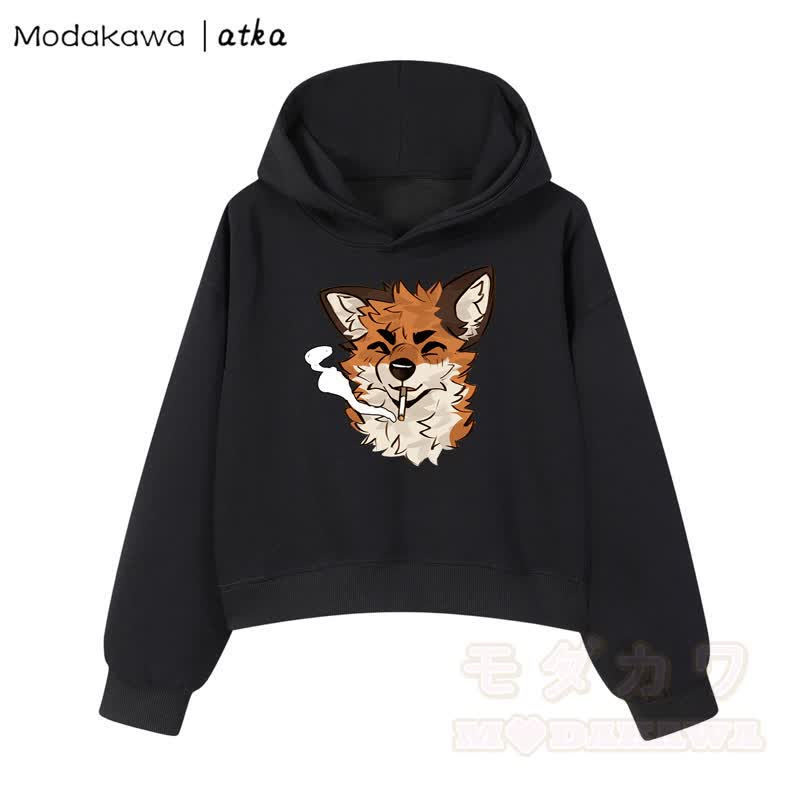 MODAKAWA X atka Cool Fox Graphic Cropped Cotton Hoodie - Schwarz - 3XL - image 2