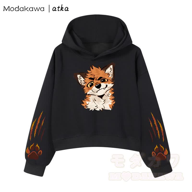 MODAKAWA X atka Fox Graphic Cropped Cotton Hoodie - Schwarz - 3XL - image 3