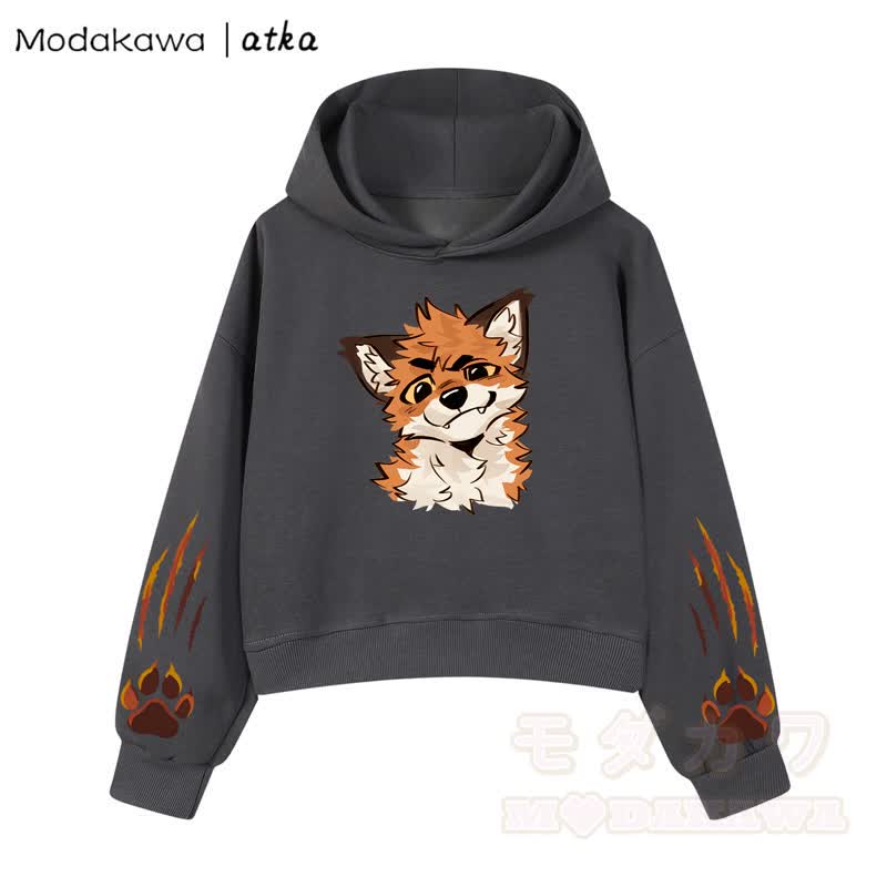 MODAKAWA X atka Fox Graphic Cropped Cotton Hoodie - Dunkelgrau - 3XL - image 2