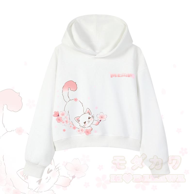 MODAKAWA X atka MEOW Katzen-Grafik-Hoodie aus Baumwolle (kurzer Schnitt) - Weiß - 3XL - image 5