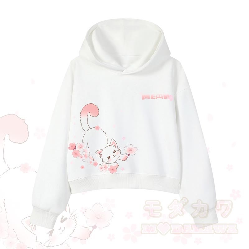 MODAKAWA X atka MEOW Katzen-Grafik-Hoodie aus Baumwolle (kurzer Schnitt) - Weiß - 3XL - image 5