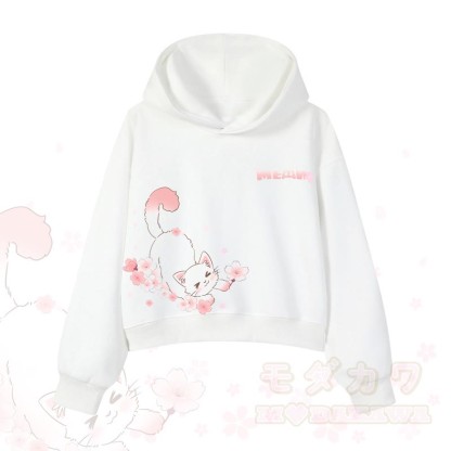 MODAKAWA X atka MEOW Katzen-Grafik-Hoodie aus Baumwolle (kurzer Schnitt) - Weiß - 3XL - image 5