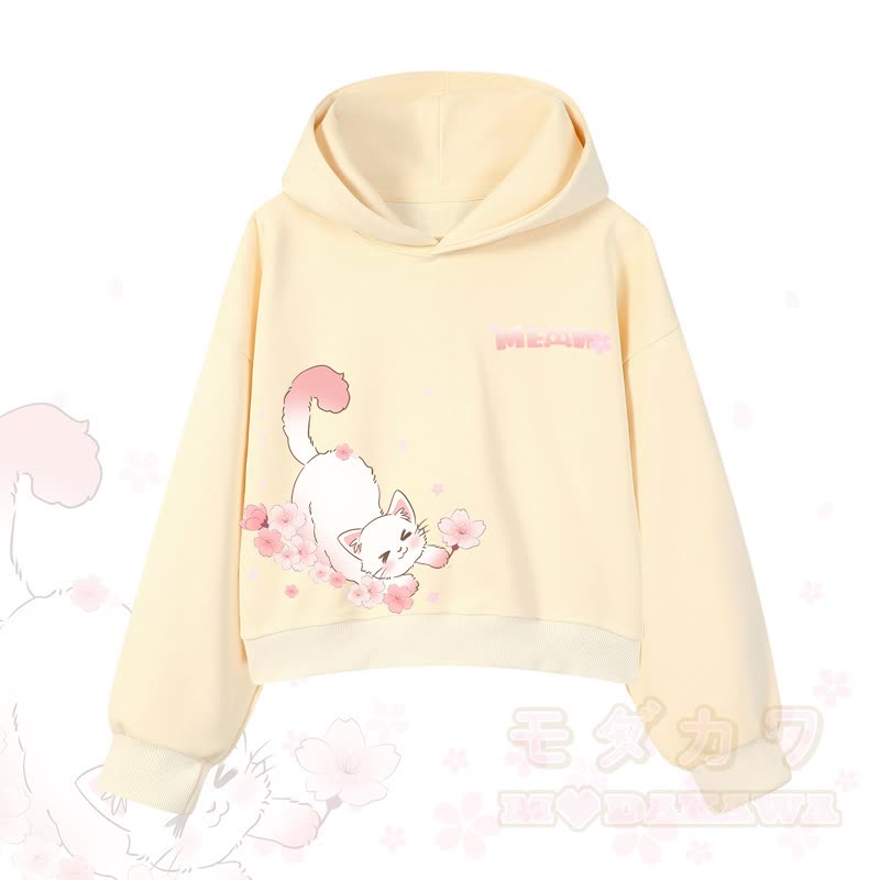 MODAKAWA X atka MEOW Katzen-Grafik-Hoodie aus Baumwolle (kurzer Schnitt) - Gelb - 3XL - image 9