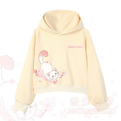 MODAKAWA X atka MEOW Katzen-Grafik-Hoodie aus Baumwolle (kurzer Schnitt) - Gelb - 3XL - image 9