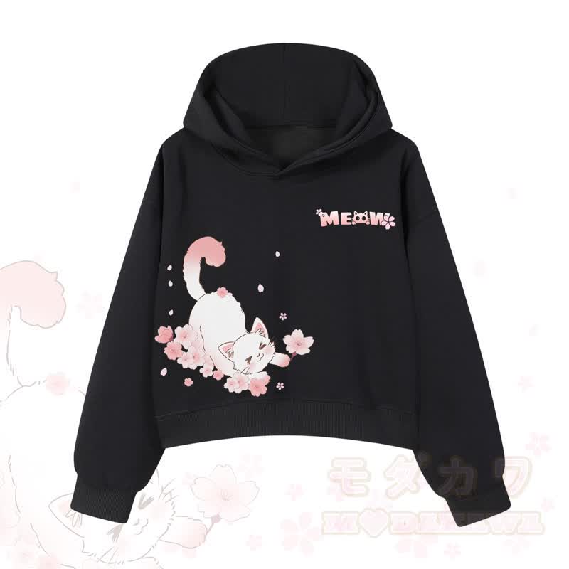 MODAKAWA X atka MEOW Katzen-Grafik-Hoodie aus Baumwolle (kurzer Schnitt) - Schwarz - 3XL - image 2