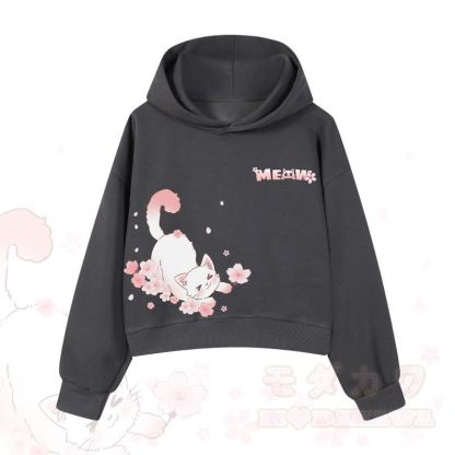 MODAKAWA X atka MEOW Katzen-Grafik-Hoodie aus Baumwolle (kurzer Schnitt) - Dunkelgrau - 3XL - image 4