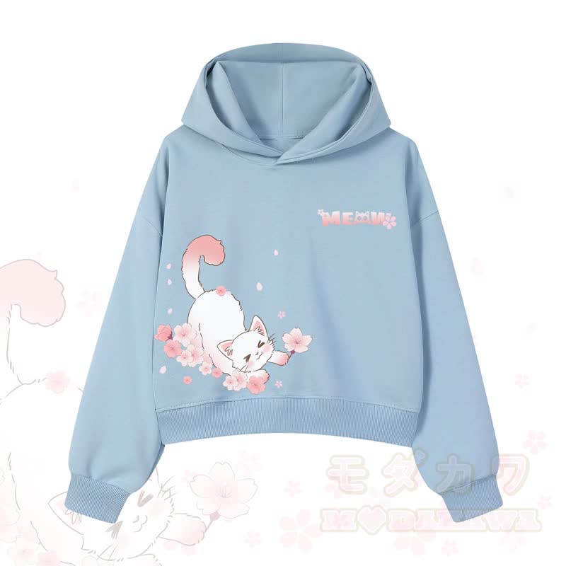 MODAKAWA X atka MEOW Katzen-Grafik-Hoodie aus Baumwolle (kurzer Schnitt) - Blau - 3XL - image 3