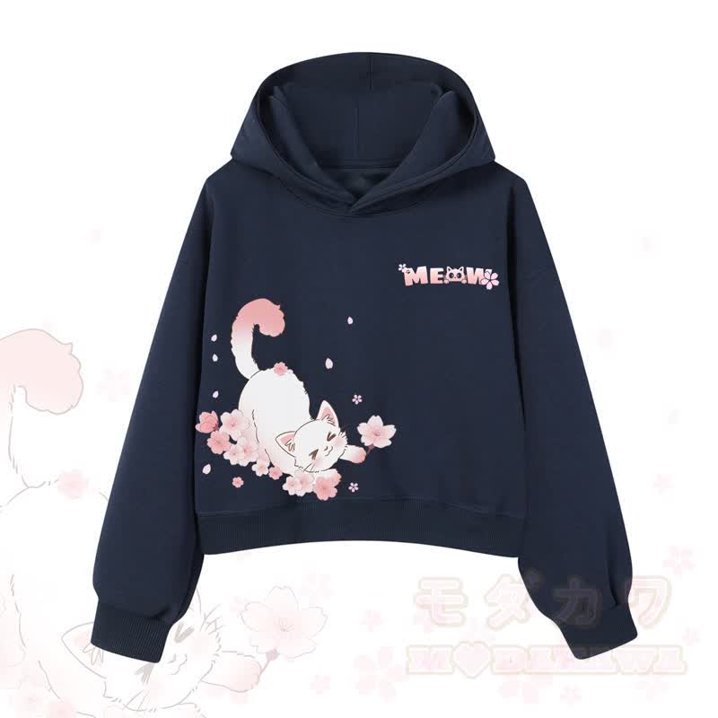 MODAKAWA X atka MEOW Katzen-Grafik-Hoodie aus Baumwolle (kurzer Schnitt) - Marineblau - 3XL - image 1