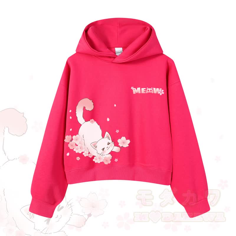 MODAKAWA X atka MEOW Katzen-Grafik-Hoodie aus Baumwolle (kurzer Schnitt) - Rose - 3XL - image 7