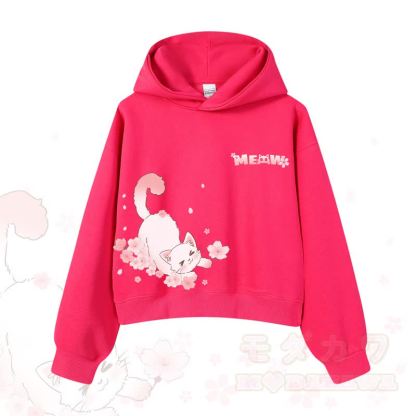 MODAKAWA X atka MEOW Katzen-Grafik-Hoodie aus Baumwolle (kurzer Schnitt) - Rose - 3XL - image 7