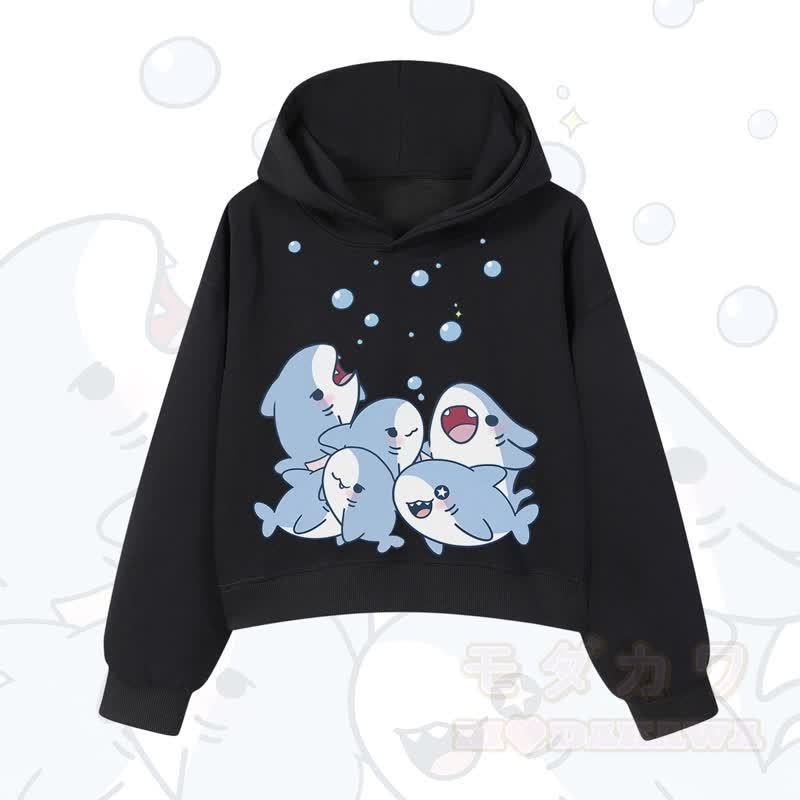 MODAKAWA X atka Shark Print Cropped Cotton Hoodie - Schwarz - 3XL - image 4