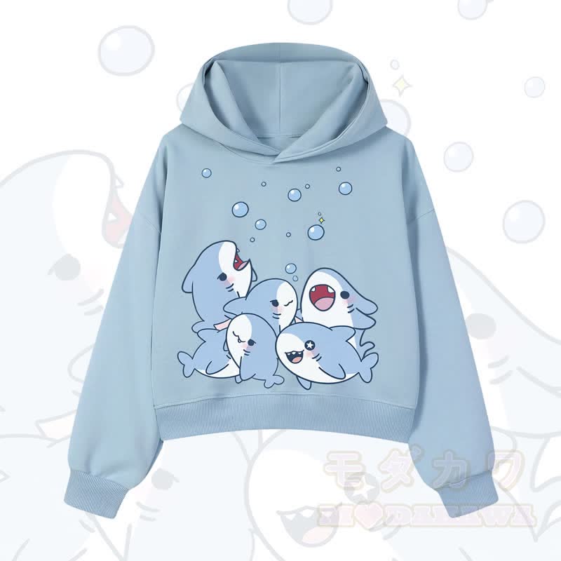 MODAKAWA X atka Shark Print Cropped Cotton Hoodie - Blau - 3XL - image 2