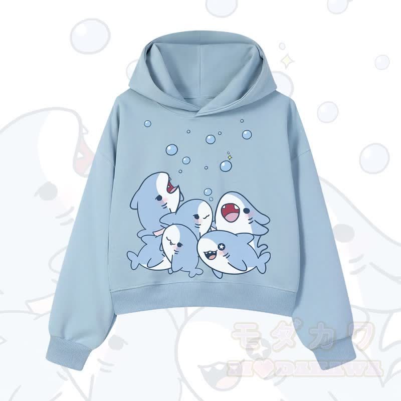 MODAKAWA X atka Shark Print Cropped Cotton Hoodie - Blau - 3XL - image 2