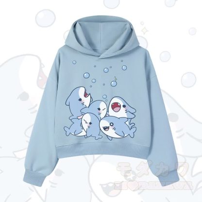 MODAKAWA X atka Shark Print Cropped Cotton Hoodie - Blau - 3XL - image 2