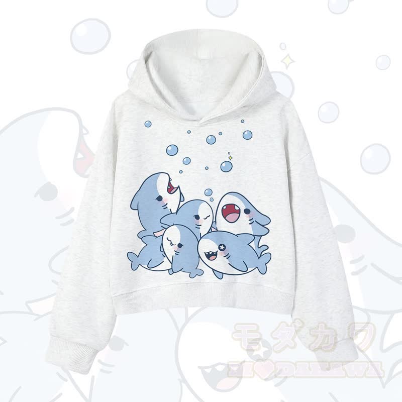 MODAKAWA X atka Shark Print Cropped Cotton Hoodie - Hellgrau - 3XL - image 1