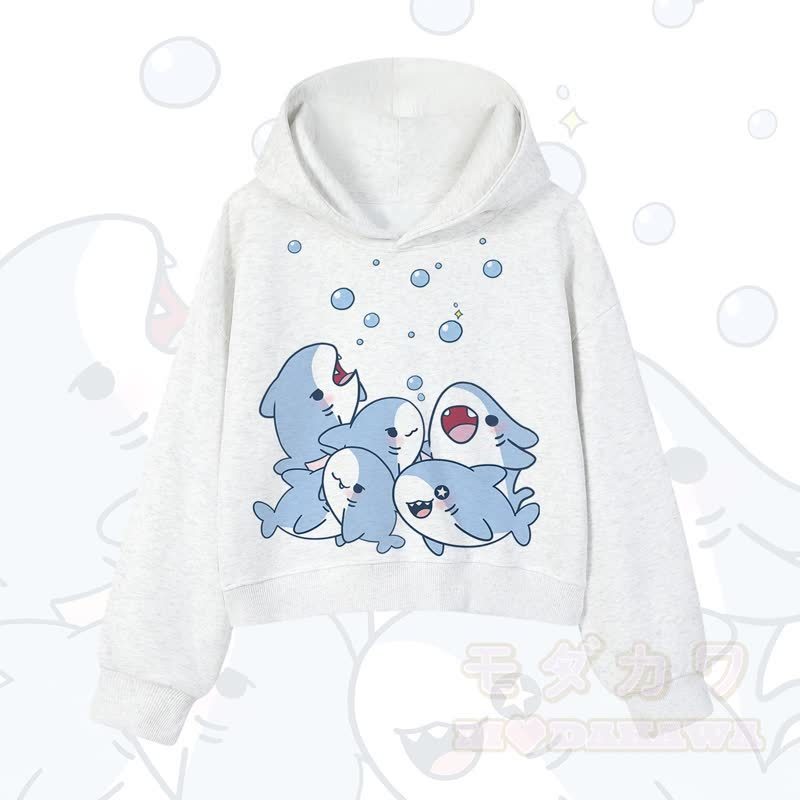 MODAKAWA X atka Shark Print Cropped Cotton Hoodie - Hellgrau - 3XL - image 1